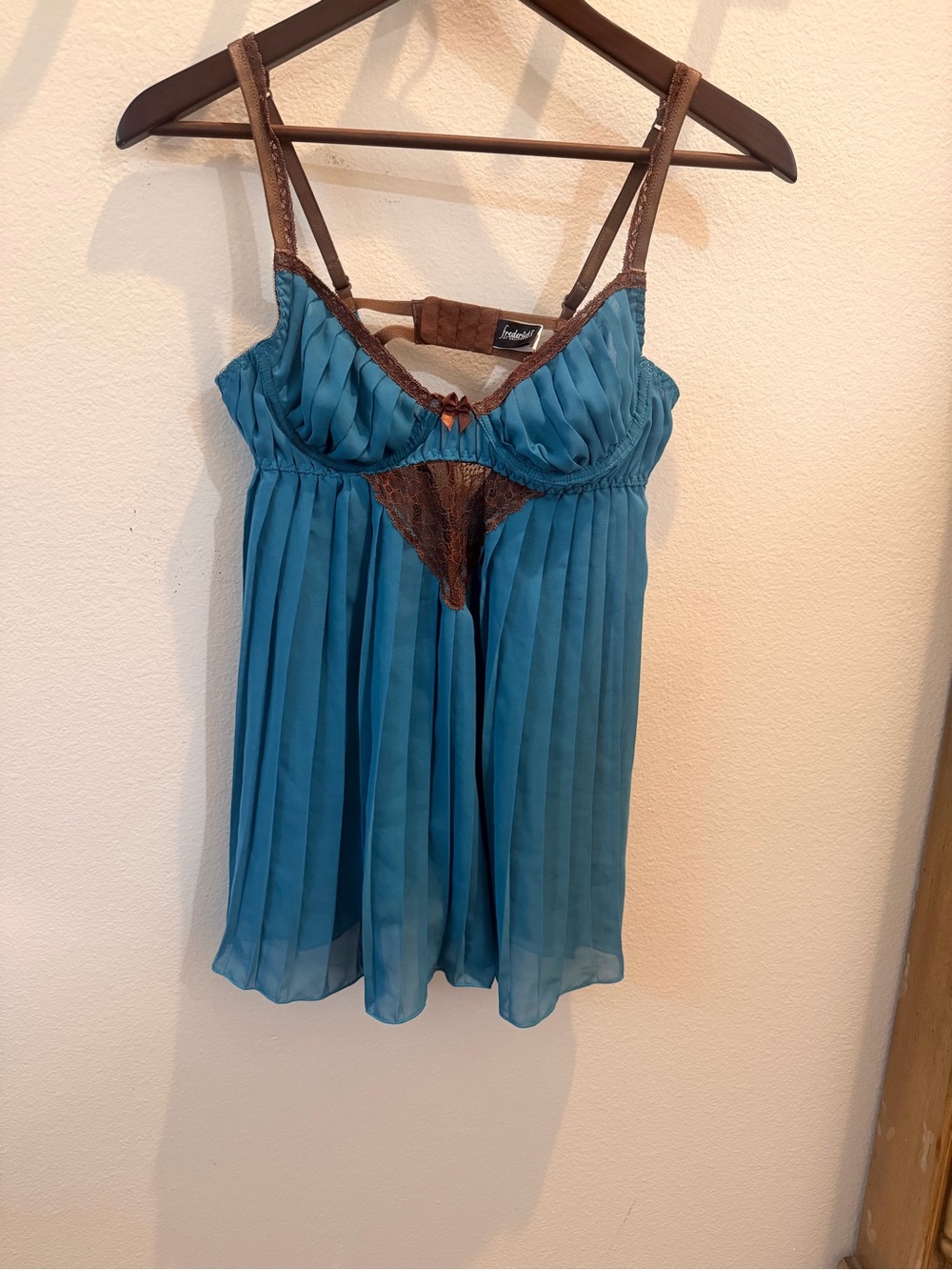 Frederick's of Hollywood Teal Pleated Babydoll with Brown Trim